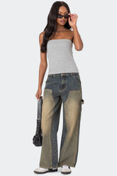 Contrast Panel Washed Mid Rise Baggy Jeans