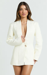 Gold Hardware Button Detail Wrap Front Blazer Dress in White