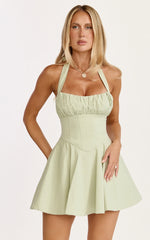 Halter Neck Ruched Bust Corset Dress in Sage
