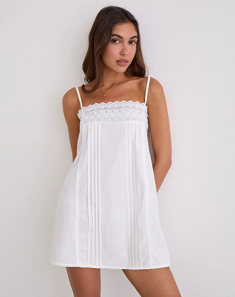 Yoshiko Broderie Trim Mini Dress in White