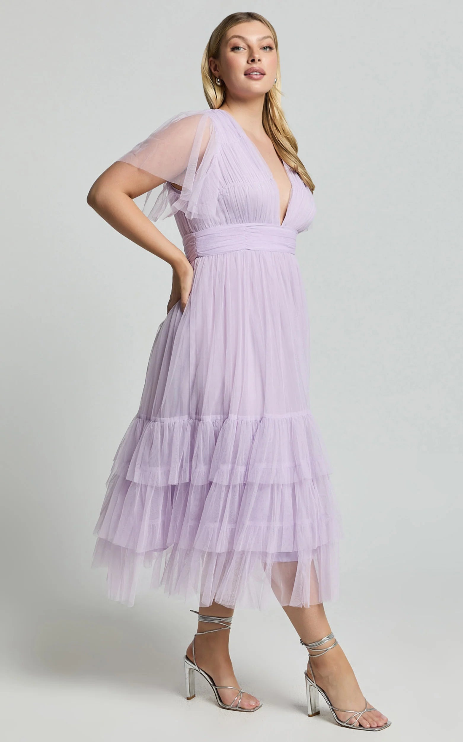 Flutter Sleeve Tuelle Plunge Dress in Lilac